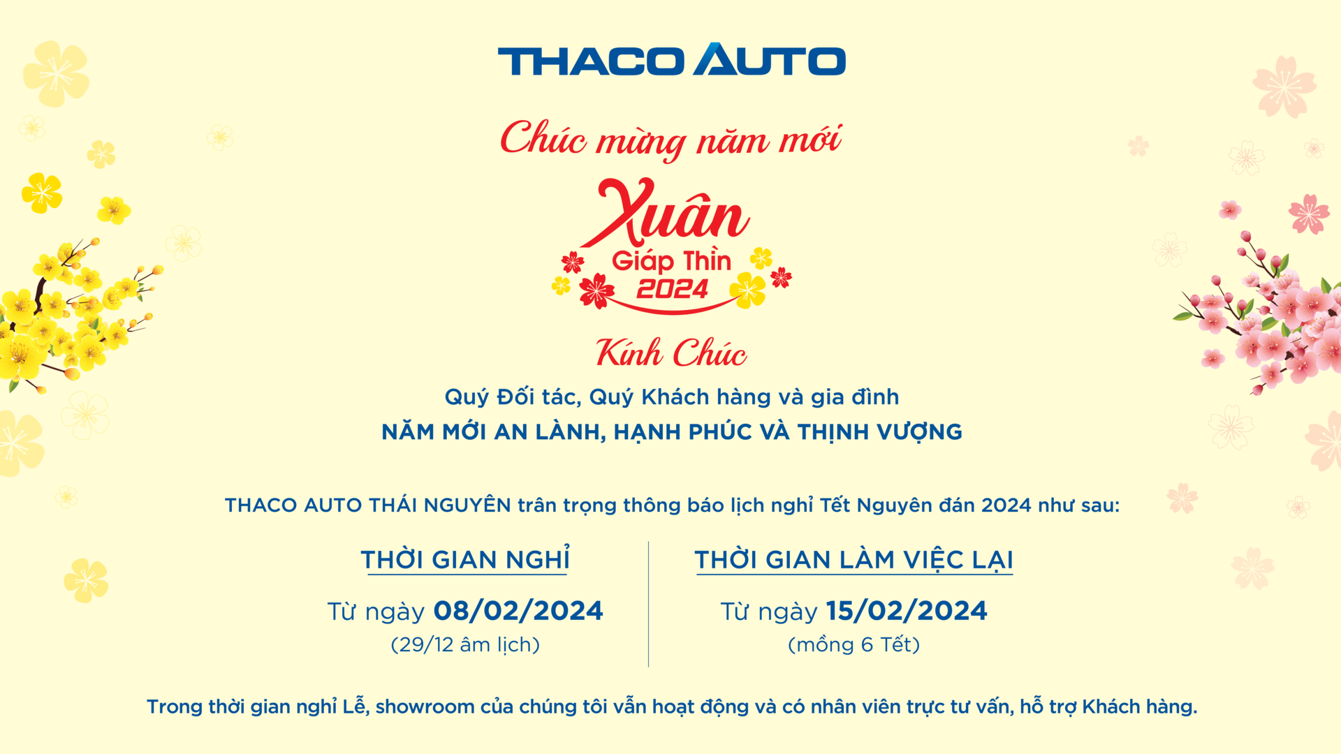 THACO AUTO THÁI NGUYÊN xin thông báo đến Quý khách hàng/Đối tác lịch trực Tết Nguyên Đán Giáp Thìn