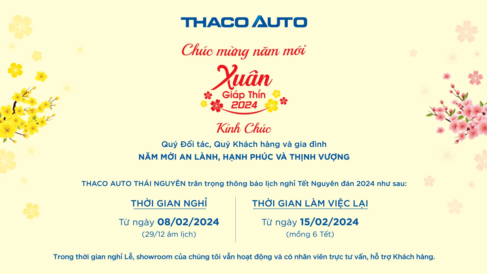 THACO AUTO THÁI NGUYÊN xin thông báo đến Quý khách hàng/Đối tác lịch trực Tết Nguyên Đán Giáp Thìn
