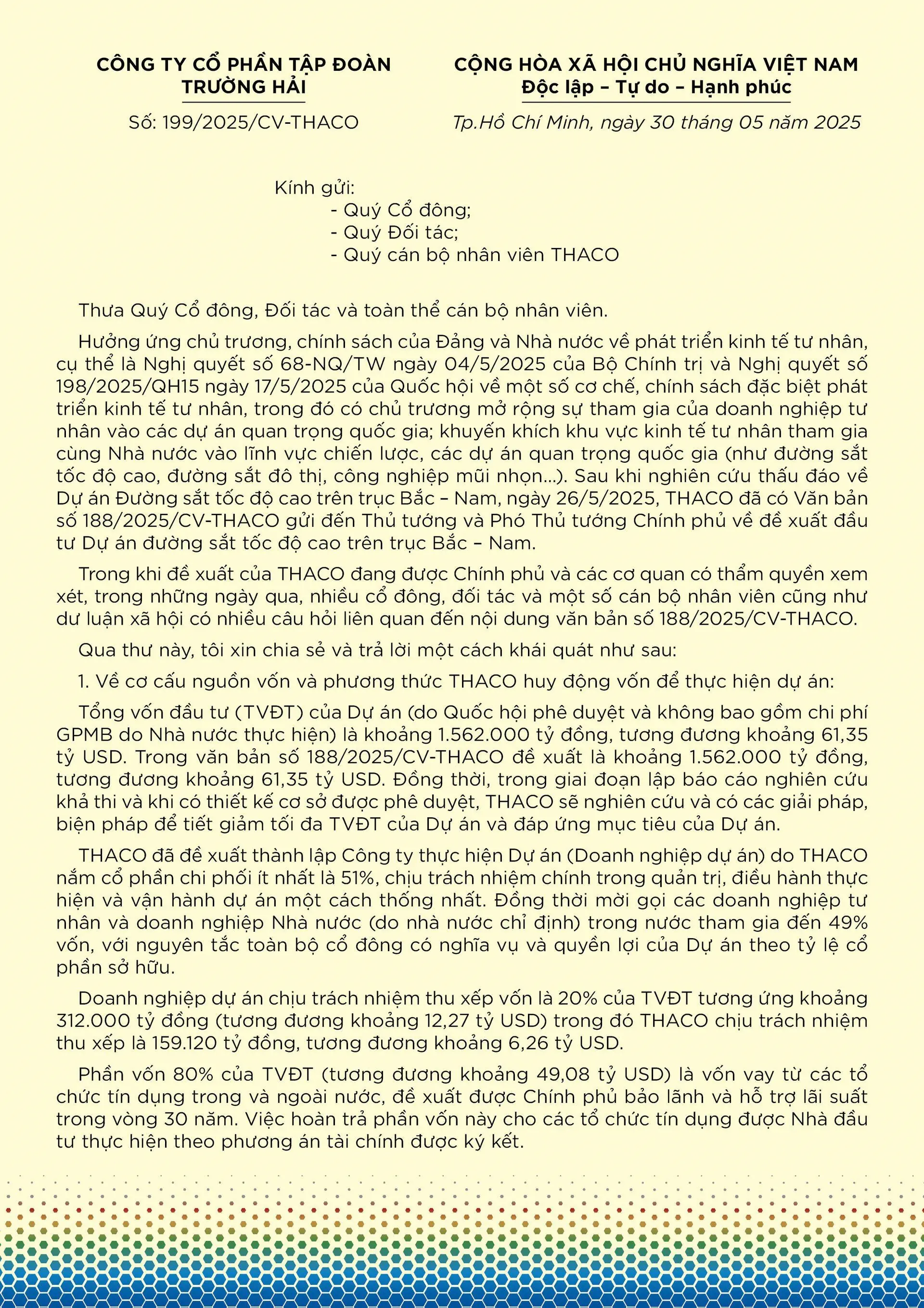 Thư của Chủ tịch HĐQT THACO Trần Bá Dương về việc THACO đề xuất đầu tư Dự án Đường sắt tốc độ cao Bắc – Nam